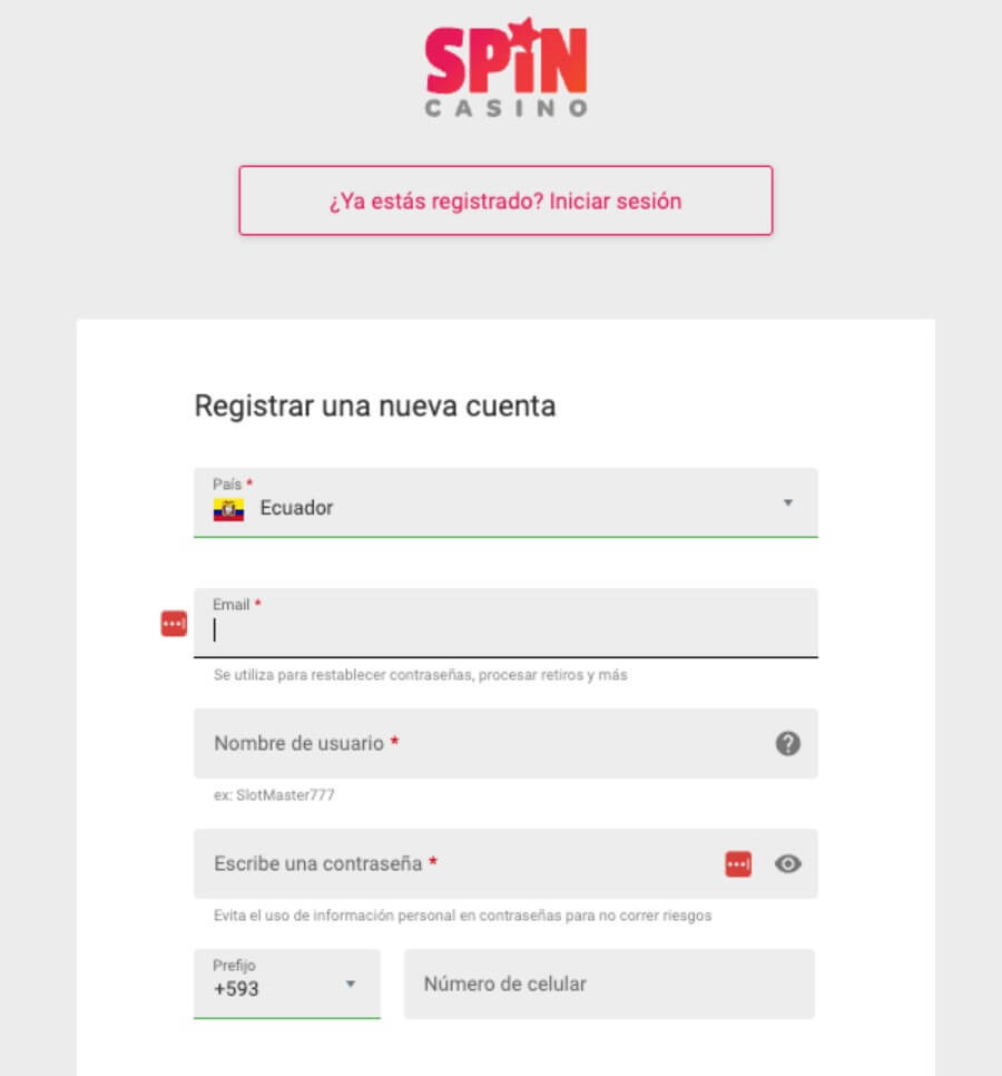 Formulario de registro en Spin Casino